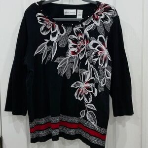 Alfred Dunner Black Top with Red and White Floral Design